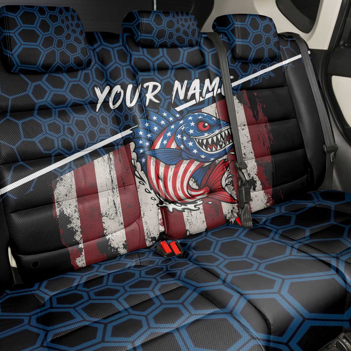 Aggressive Bass Fishing Back Car Seat Cover with American Flag Pattern on Grunge Hex Background - Wonder Print Shop