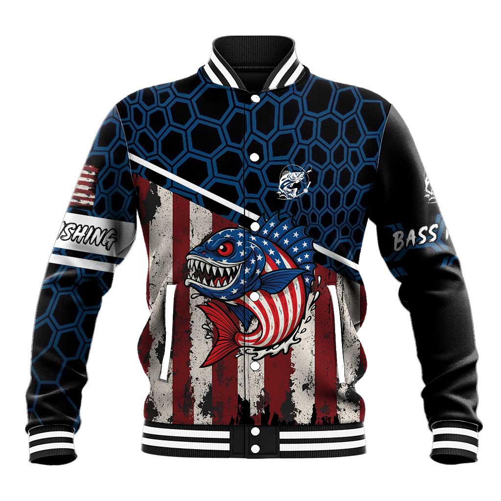 Aggressive Bass Fishing Baseball Jacket with American Flag Pattern on Grunge Hex Background - Wonder Print Shop