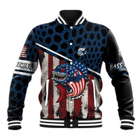 Aggressive Bass Fishing Baseball Jacket with American Flag Pattern on Grunge Hex Background - Wonder Print Shop
