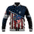 Aggressive Bass Fishing Baseball Jacket with American Flag Pattern on Grunge Hex Background - Wonder Print Shop