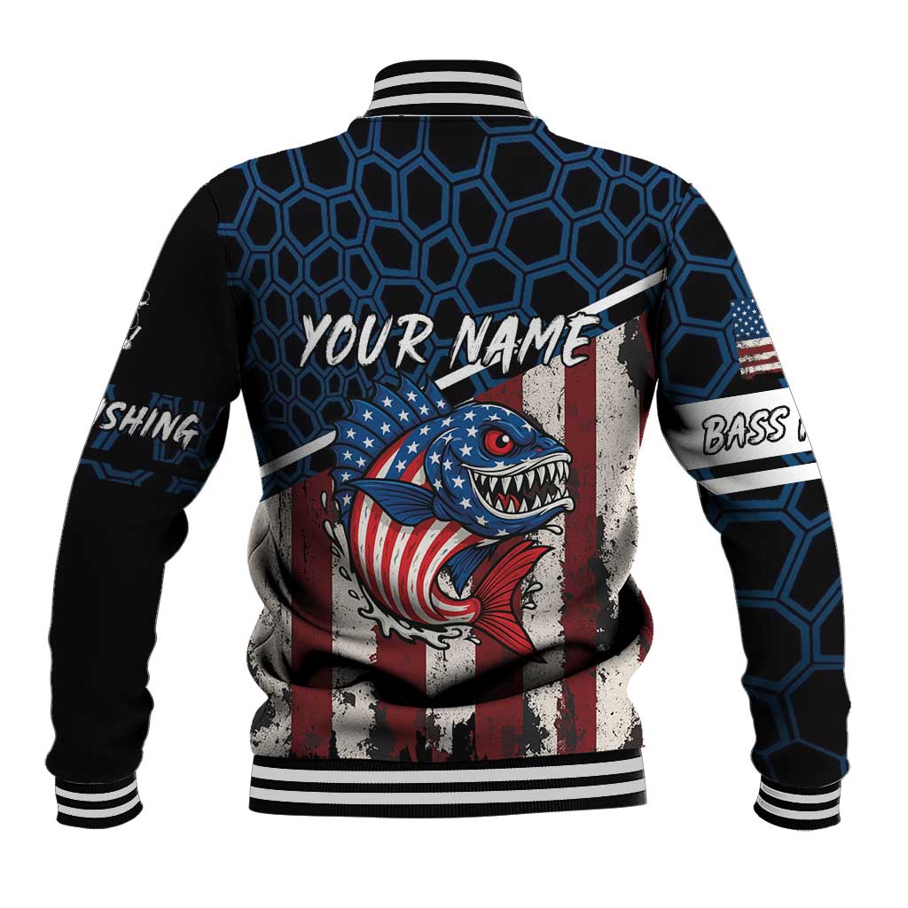 Aggressive Bass Fishing Baseball Jacket with American Flag Pattern on Grunge Hex Background - Wonder Print Shop