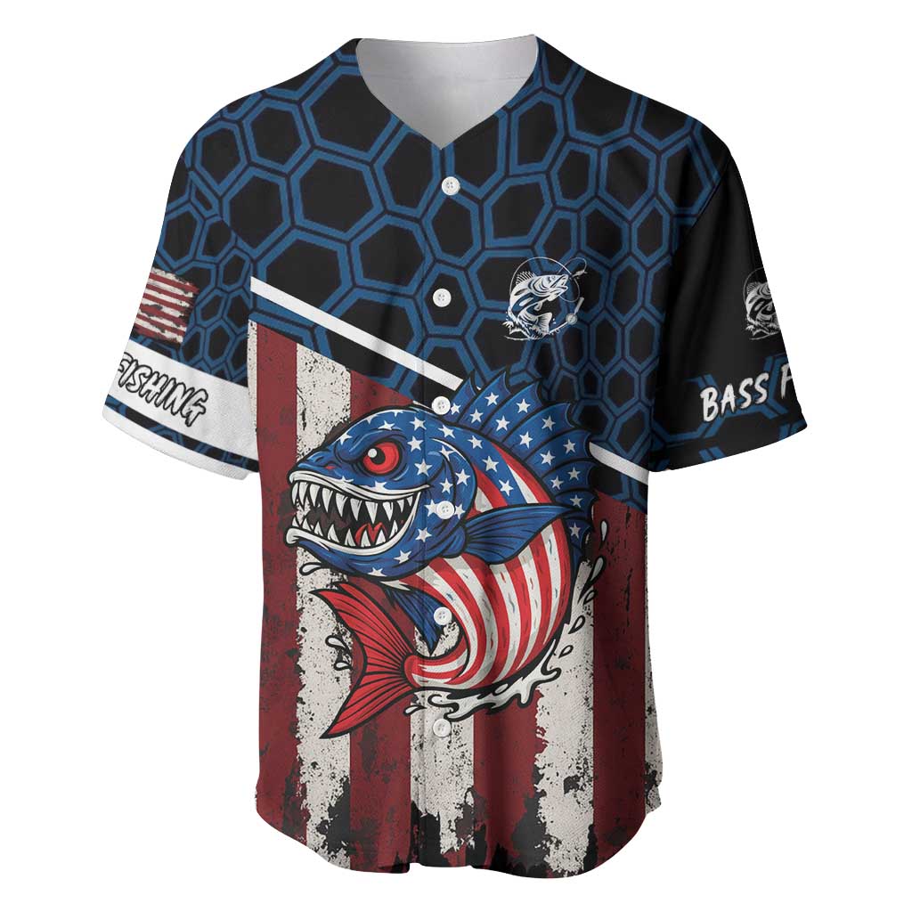 Aggressive Bass Fishing Baseball Jersey with American Flag Pattern on Grunge Hex Background - Wonder Print Shop