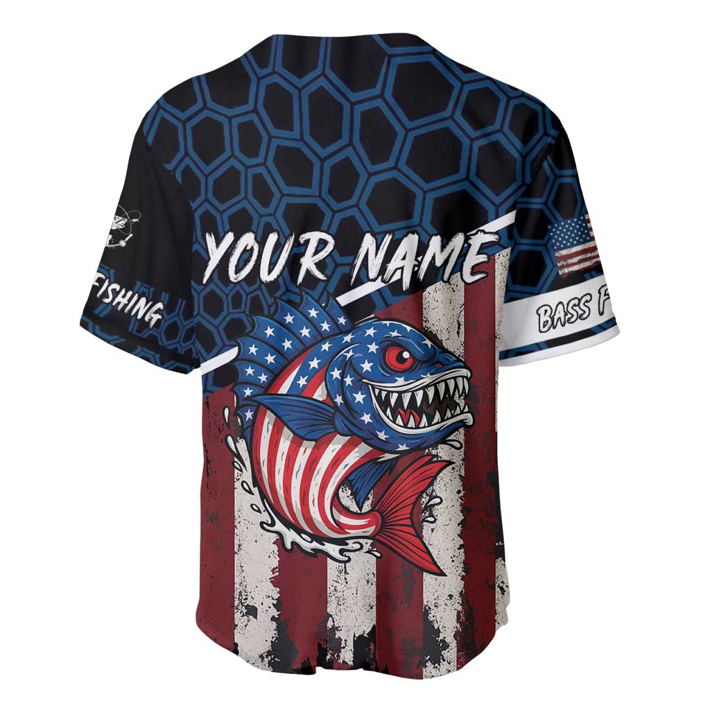 Aggressive Bass Fishing Baseball Jersey with American Flag Pattern on Grunge Hex Background - Wonder Print Shop