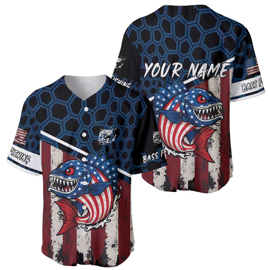 Aggressive Bass Fishing Baseball Jersey with American Flag Pattern on Grunge Hex Background - Wonder Print Shop