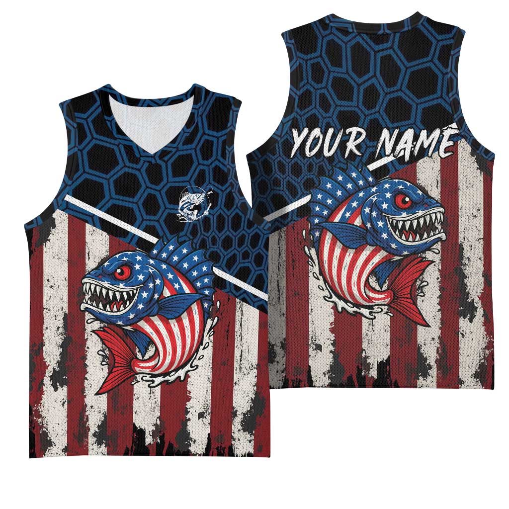Aggressive Bass Fishing Basketball Jersey with American Flag Pattern on Grunge Hex Background - Wonder Print Shop