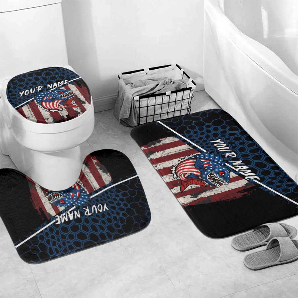 Aggressive Bass Fishing Bathroom Set with American Flag Pattern on Grunge Hex Background - Wonder Print Shop