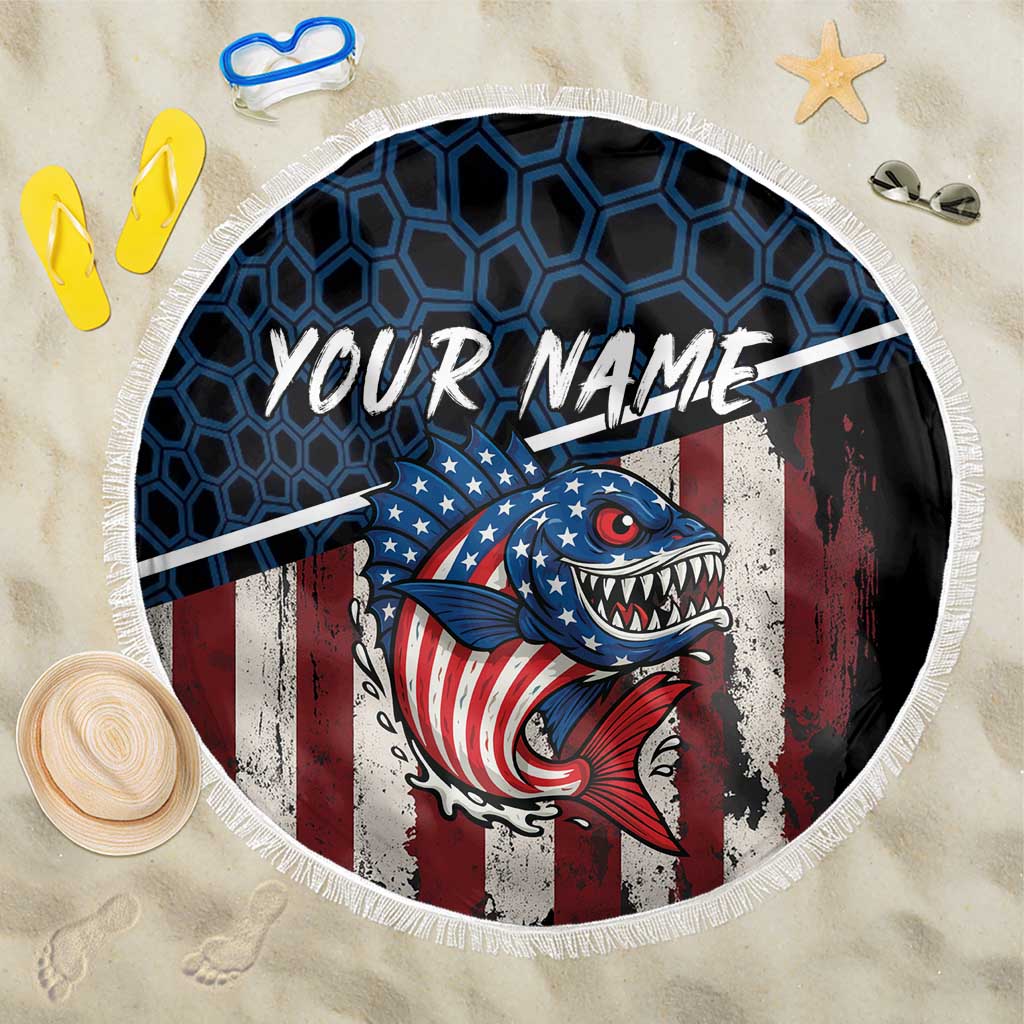 Aggressive Bass Fishing Beach Blanket with American Flag Pattern on Grunge Hex Background - Wonder Print Shop