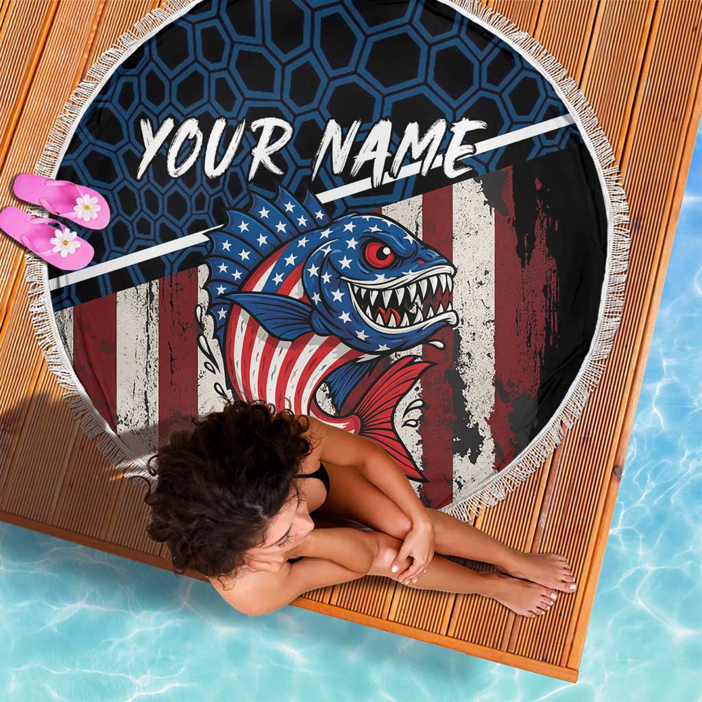 Aggressive Bass Fishing Beach Blanket with American Flag Pattern on Grunge Hex Background - Wonder Print Shop