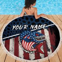 Aggressive Bass Fishing Beach Blanket with American Flag Pattern on Grunge Hex Background - Wonder Print Shop