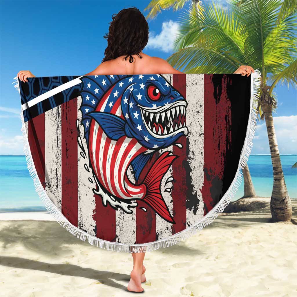 Aggressive Bass Fishing Beach Blanket with American Flag Pattern on Grunge Hex Background - Wonder Print Shop
