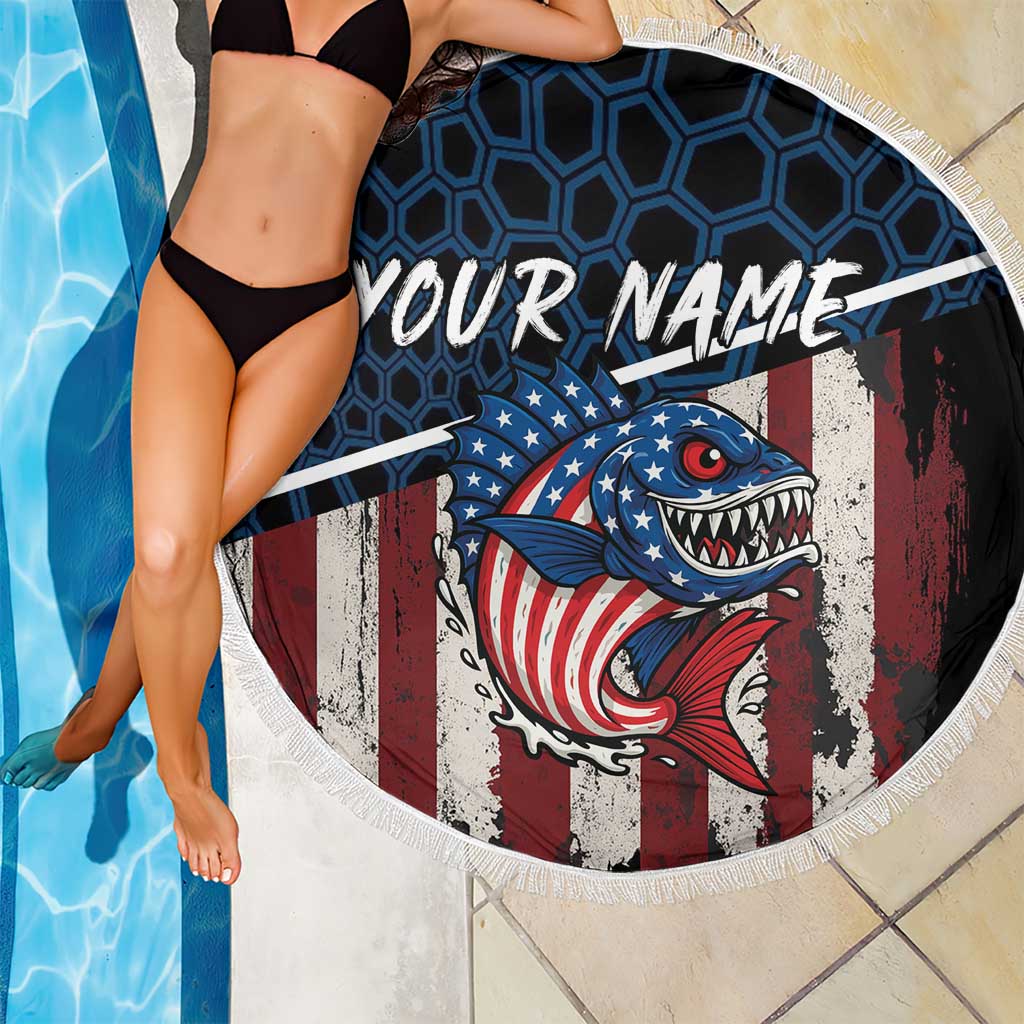 Aggressive Bass Fishing Beach Blanket with American Flag Pattern on Grunge Hex Background - Wonder Print Shop