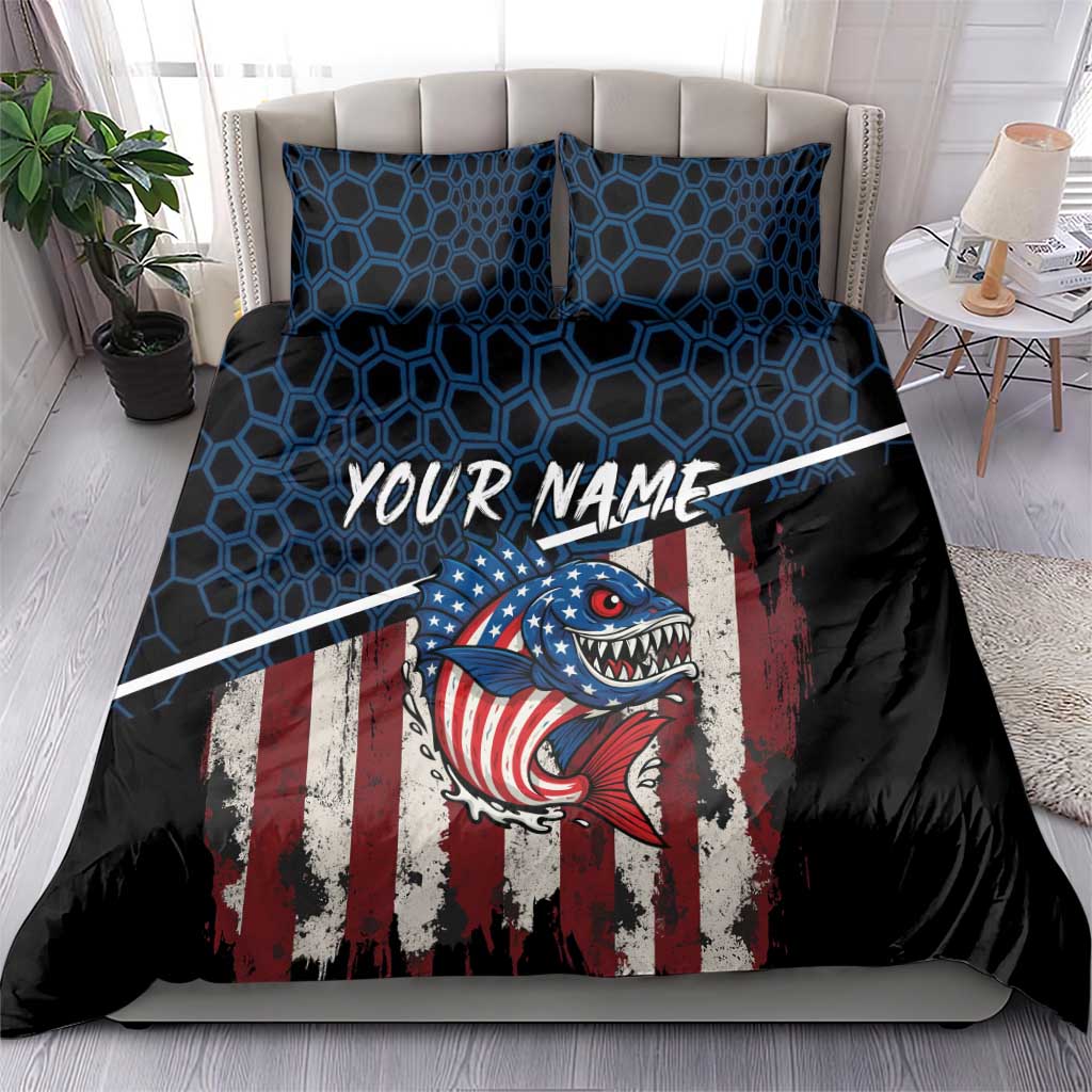 Aggressive Bass Fishing Bedding Set with American Flag Pattern on Grunge Hex Background - Wonder Print Shop