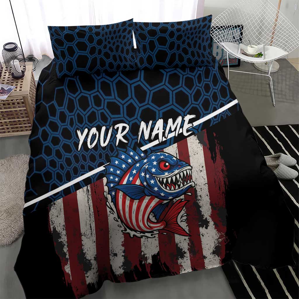 Aggressive Bass Fishing Bedding Set with American Flag Pattern on Grunge Hex Background - Wonder Print Shop