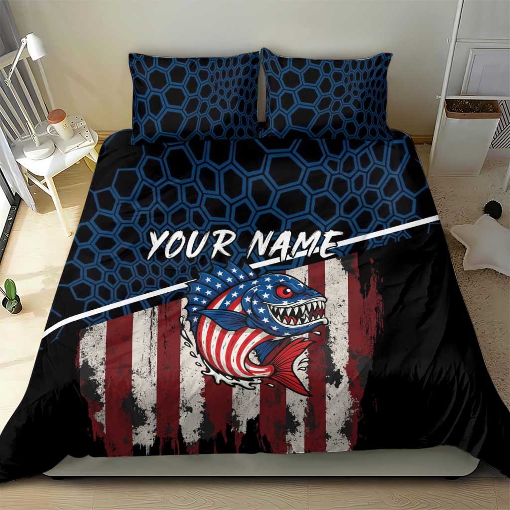 Aggressive Bass Fishing Bedding Set with American Flag Pattern on Grunge Hex Background - Wonder Print Shop