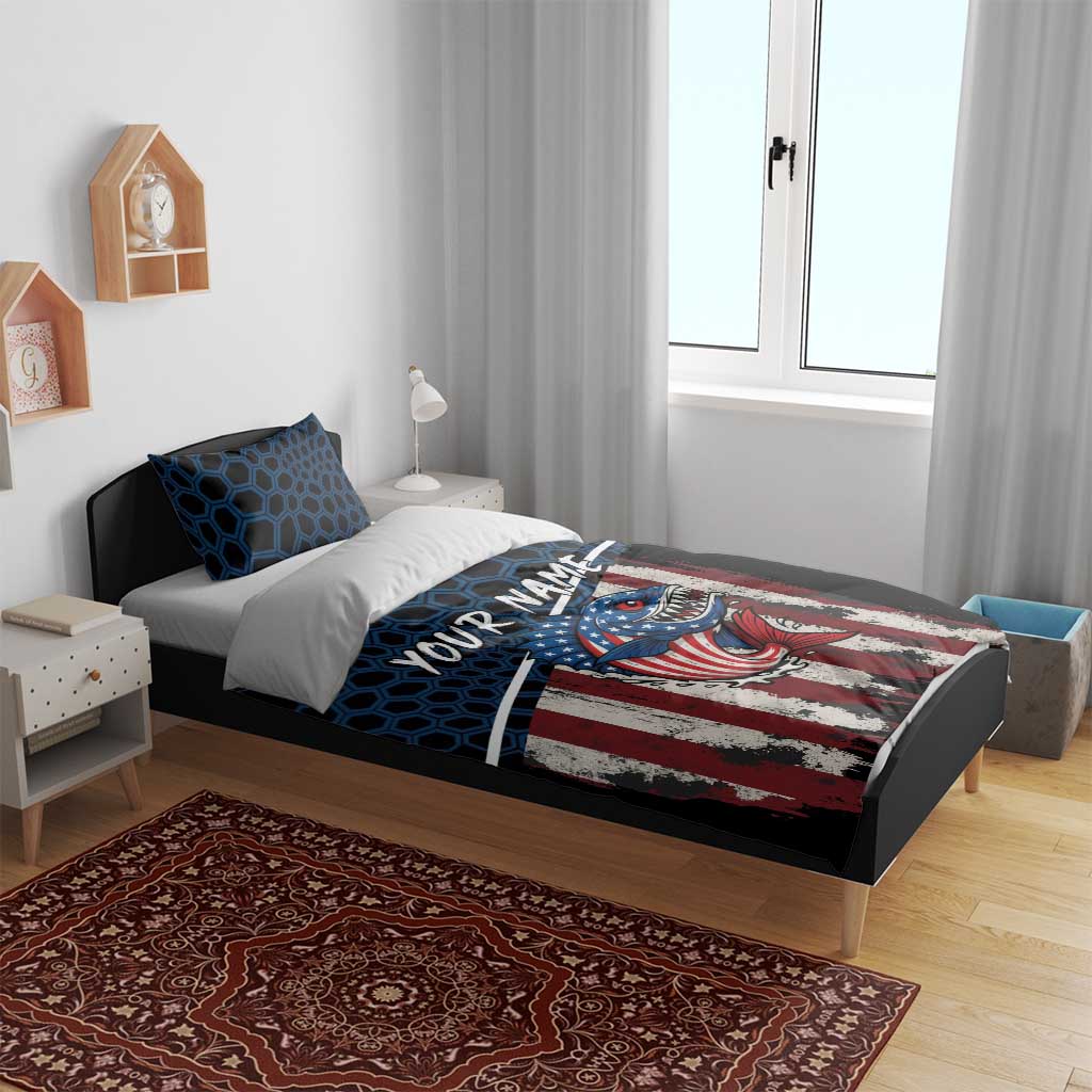 Aggressive Bass Fishing Bedding Set with American Flag Pattern on Grunge Hex Background - Wonder Print Shop