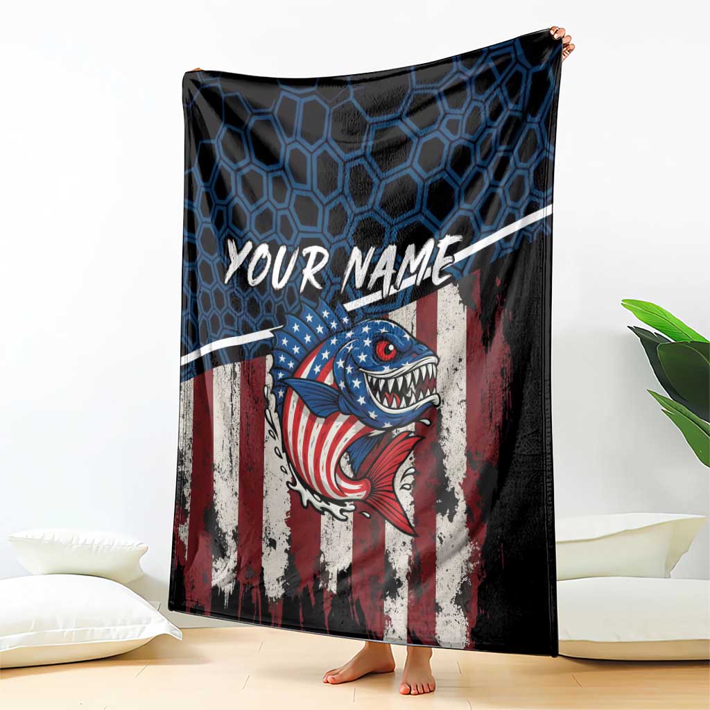 Aggressive Bass Fishing Blanket with American Flag Pattern on Grunge Hex Background - Wonder Print Shop