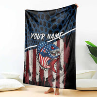 Aggressive Bass Fishing Blanket with American Flag Pattern on Grunge Hex Background - Wonder Print Shop