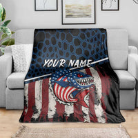 Aggressive Bass Fishing Blanket with American Flag Pattern on Grunge Hex Background - Wonder Print Shop