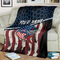 Aggressive Bass Fishing Blanket with American Flag Pattern on Grunge Hex Background - Wonder Print Shop