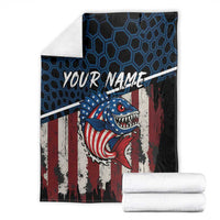Aggressive Bass Fishing Blanket with American Flag Pattern on Grunge Hex Background - Wonder Print Shop