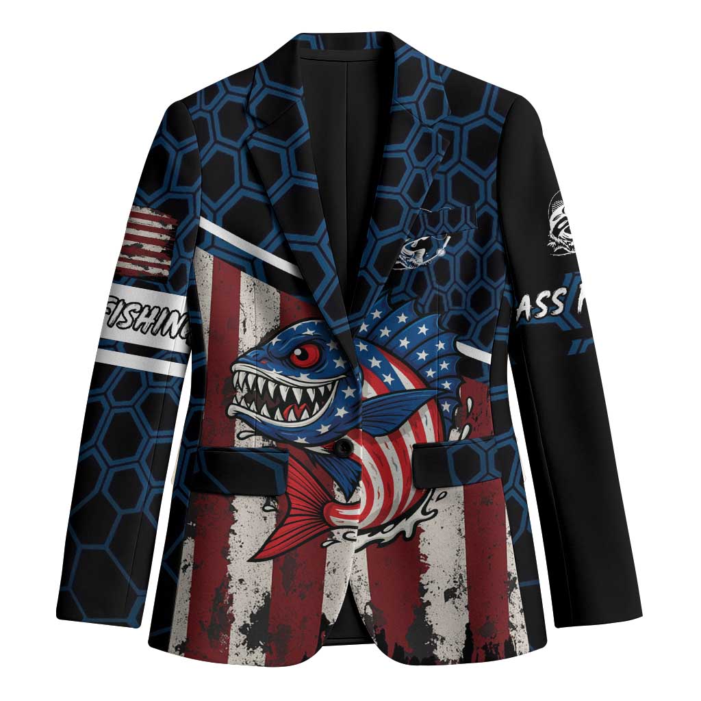 Aggressive Bass Fishing Blazer with American Flag Pattern on Grunge Hex Background - Wonder Print Shop