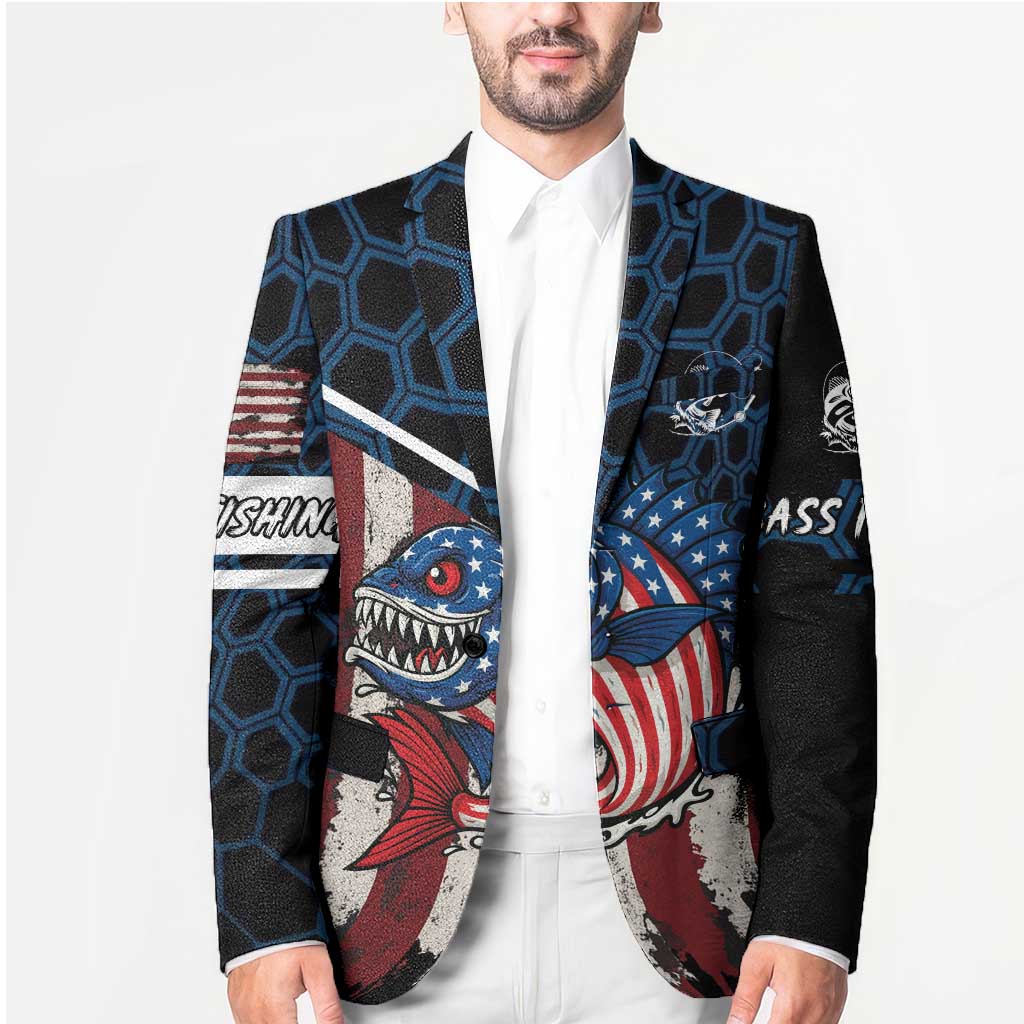 Aggressive Bass Fishing Blazer with American Flag Pattern on Grunge Hex Background - Wonder Print Shop