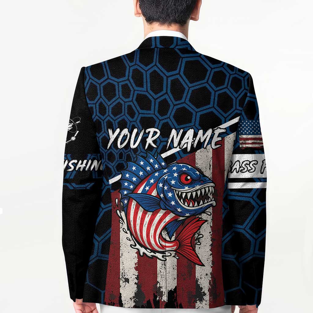 Aggressive Bass Fishing Blazer with American Flag Pattern on Grunge Hex Background - Wonder Print Shop