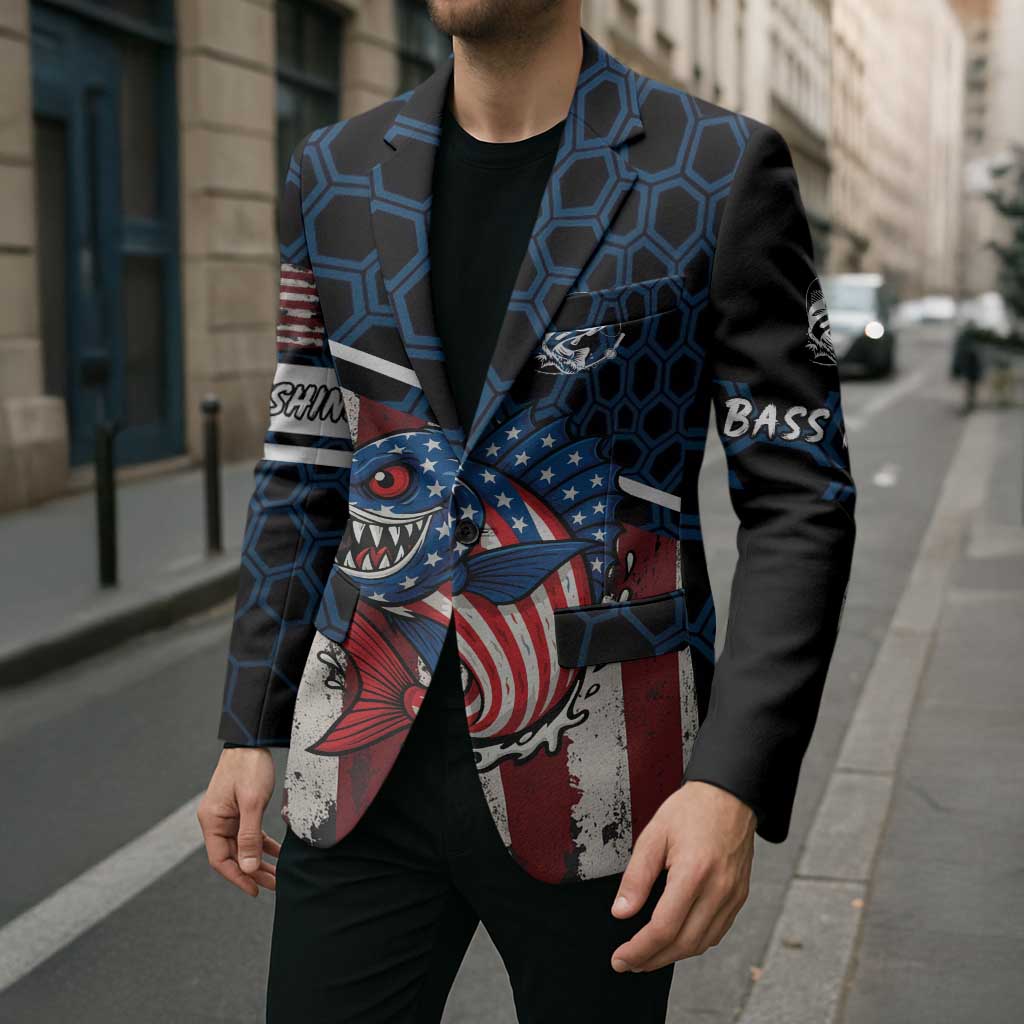 Aggressive Bass Fishing Blazer with American Flag Pattern on Grunge Hex Background - Wonder Print Shop