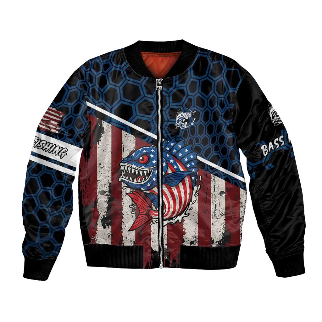 Aggressive Bass Fishing Bomber Jacket with American Flag Pattern on Grunge Hex Background - Wonder Print Shop