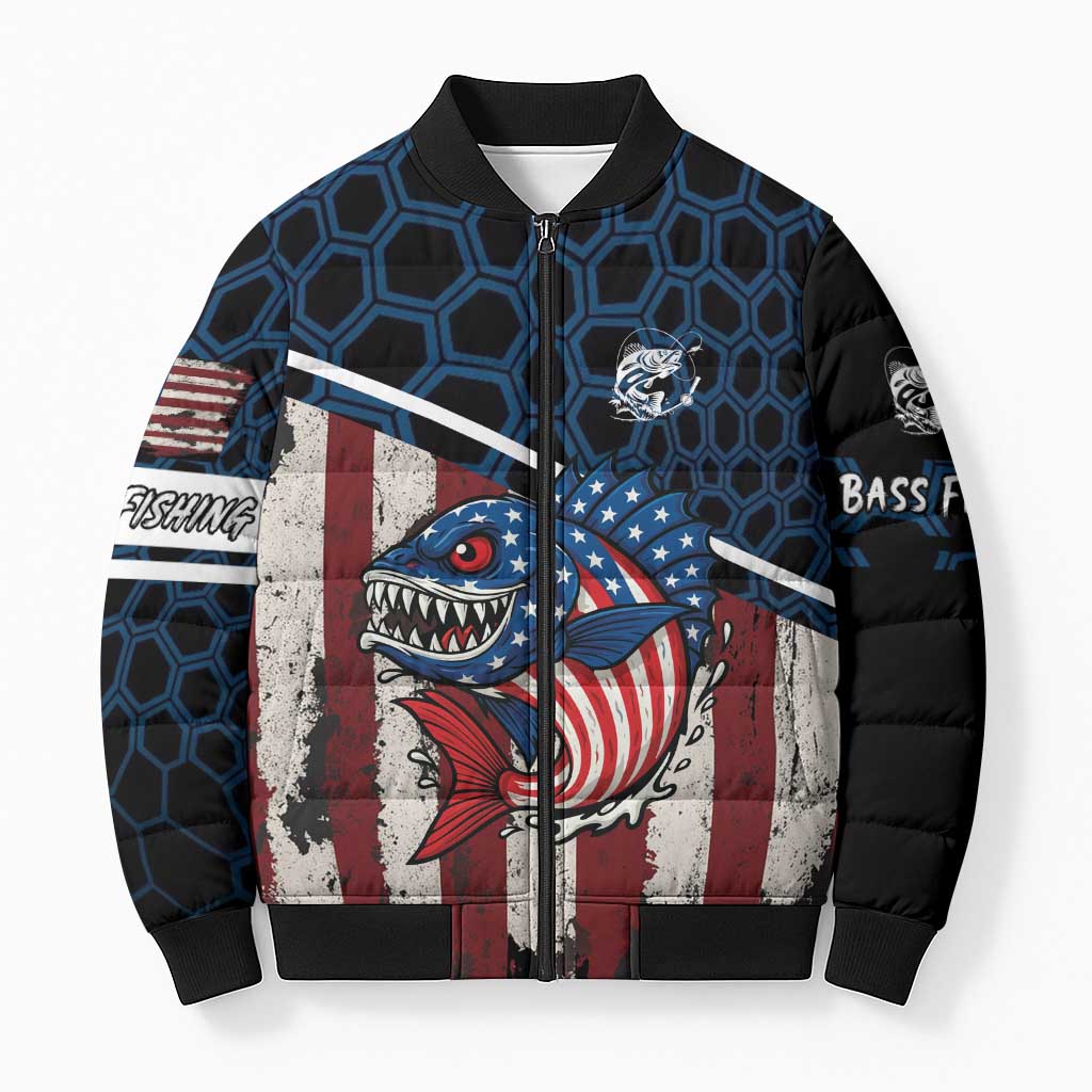 Aggressive Bass Fishing Bomber Puffer Jacket with American Flag Pattern on Grunge Hex Background - Wonder Print Shop