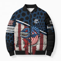 Aggressive Bass Fishing Bomber Puffer Jacket with American Flag Pattern on Grunge Hex Background - Wonder Print Shop