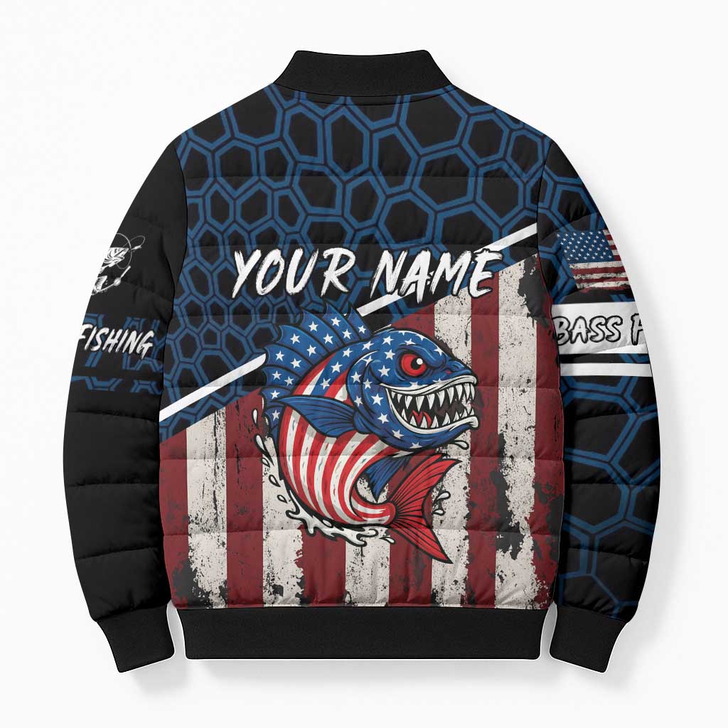 Aggressive Bass Fishing Bomber Puffer Jacket with American Flag Pattern on Grunge Hex Background - Wonder Print Shop
