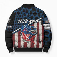 Aggressive Bass Fishing Bomber Puffer Jacket with American Flag Pattern on Grunge Hex Background - Wonder Print Shop