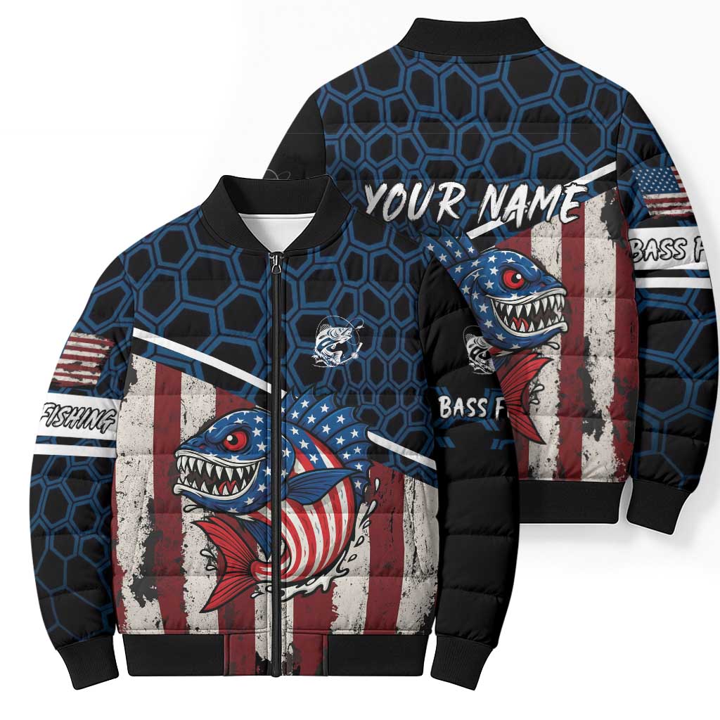 Aggressive Bass Fishing Bomber Puffer Jacket with American Flag Pattern on Grunge Hex Background - Wonder Print Shop