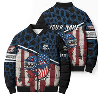 Aggressive Bass Fishing Bomber Puffer Jacket with American Flag Pattern on Grunge Hex Background - Wonder Print Shop