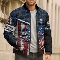 Aggressive Bass Fishing Bomber Puffer Jacket with American Flag Pattern on Grunge Hex Background - Wonder Print Shop