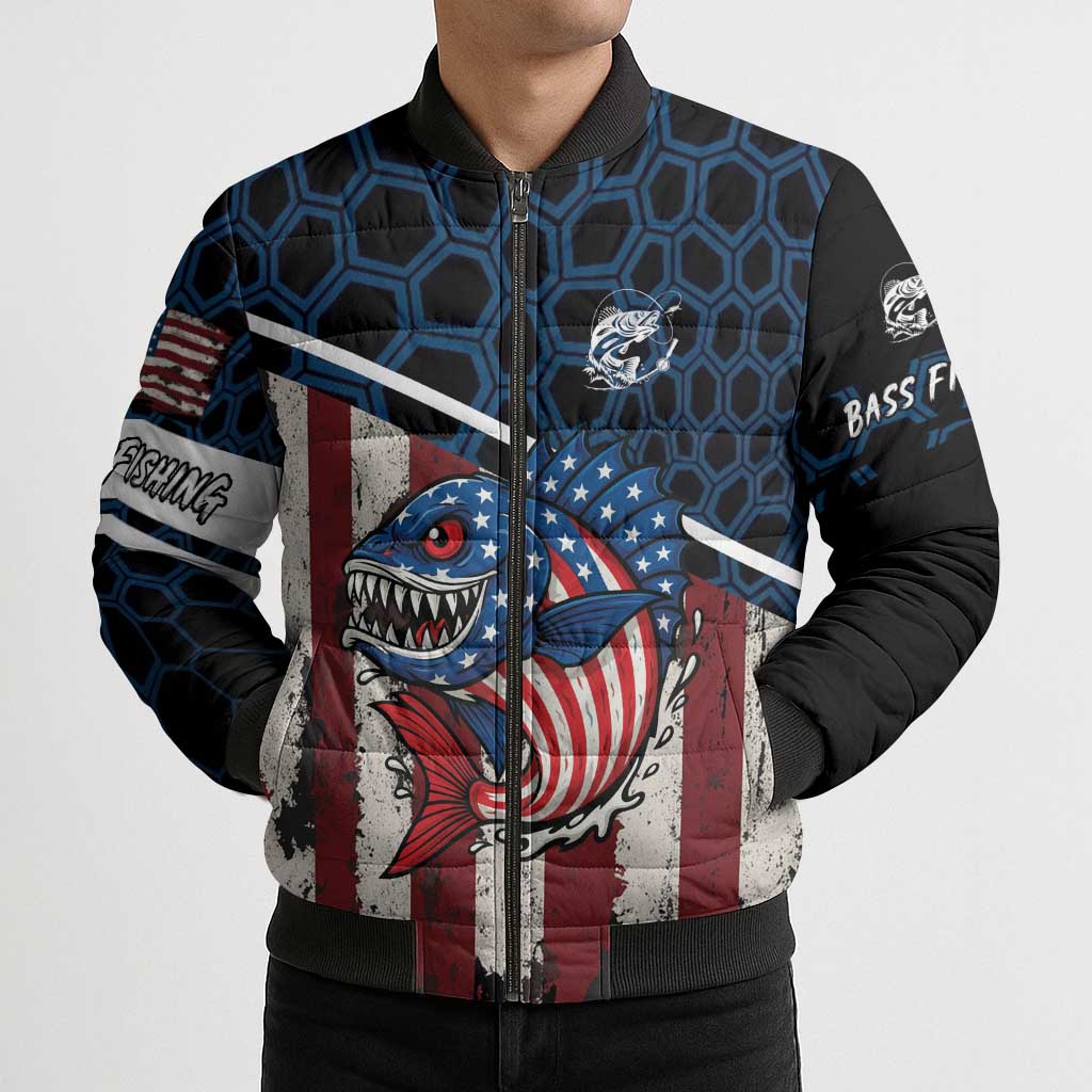Aggressive Bass Fishing Bomber Puffer Jacket with American Flag Pattern on Grunge Hex Background - Wonder Print Shop