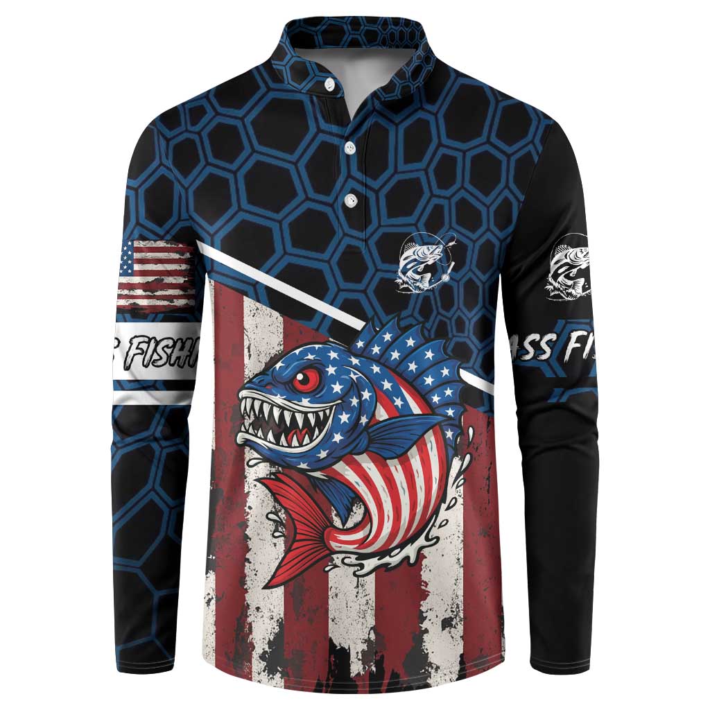 Aggressive Bass Fishing Button Sweatshirt with American Flag Pattern on Grunge Hex Background - Wonder Print Shop