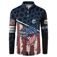 Aggressive Bass Fishing Button Sweatshirt with American Flag Pattern on Grunge Hex Background - Wonder Print Shop