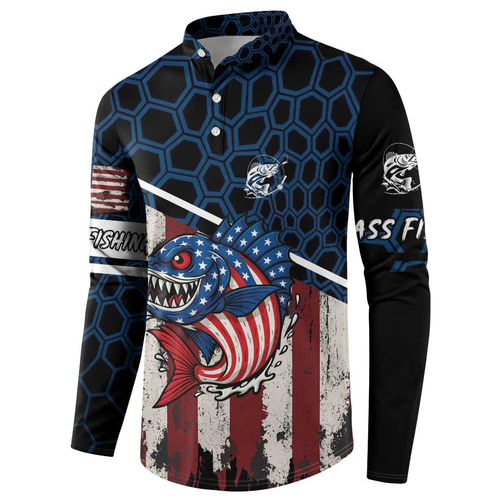 Aggressive Bass Fishing Button Sweatshirt with American Flag Pattern on Grunge Hex Background - Wonder Print Shop