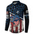 Aggressive Bass Fishing Button Sweatshirt with American Flag Pattern on Grunge Hex Background - Wonder Print Shop