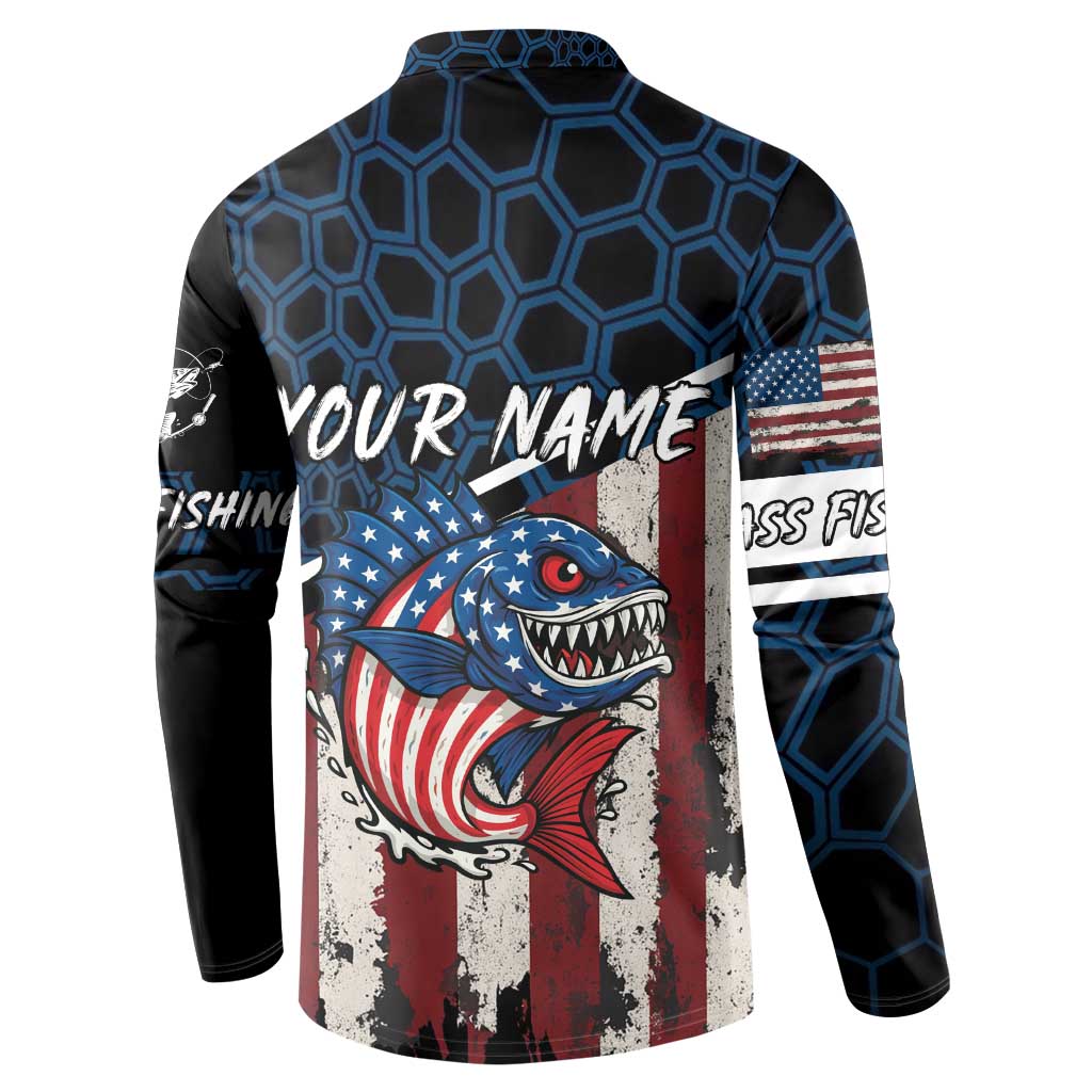 Aggressive Bass Fishing Button Sweatshirt with American Flag Pattern on Grunge Hex Background - Wonder Print Shop