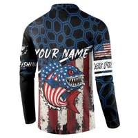 Aggressive Bass Fishing Button Sweatshirt with American Flag Pattern on Grunge Hex Background - Wonder Print Shop