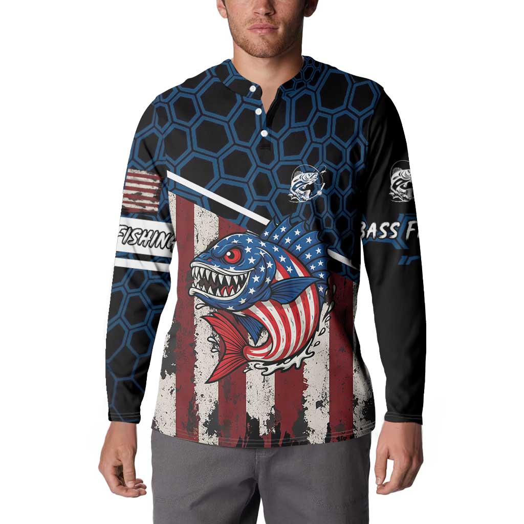 Aggressive Bass Fishing Button Sweatshirt with American Flag Pattern on Grunge Hex Background - Wonder Print Shop