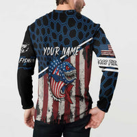 Aggressive Bass Fishing Button Sweatshirt with American Flag Pattern on Grunge Hex Background - Wonder Print Shop