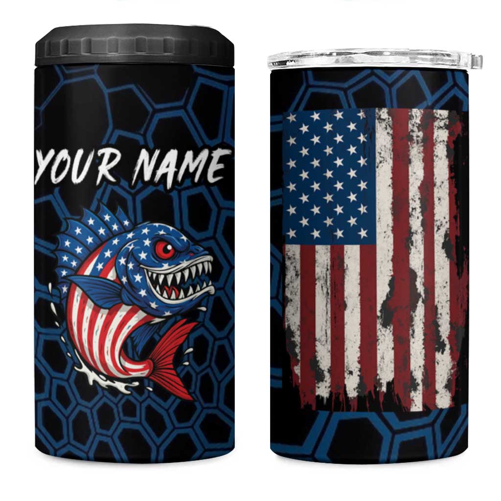Aggressive Bass Fishing 4 in 1 Can Cooler Tumbler with American Flag Pattern on Grunge Hex Background - Wonder Print Shop