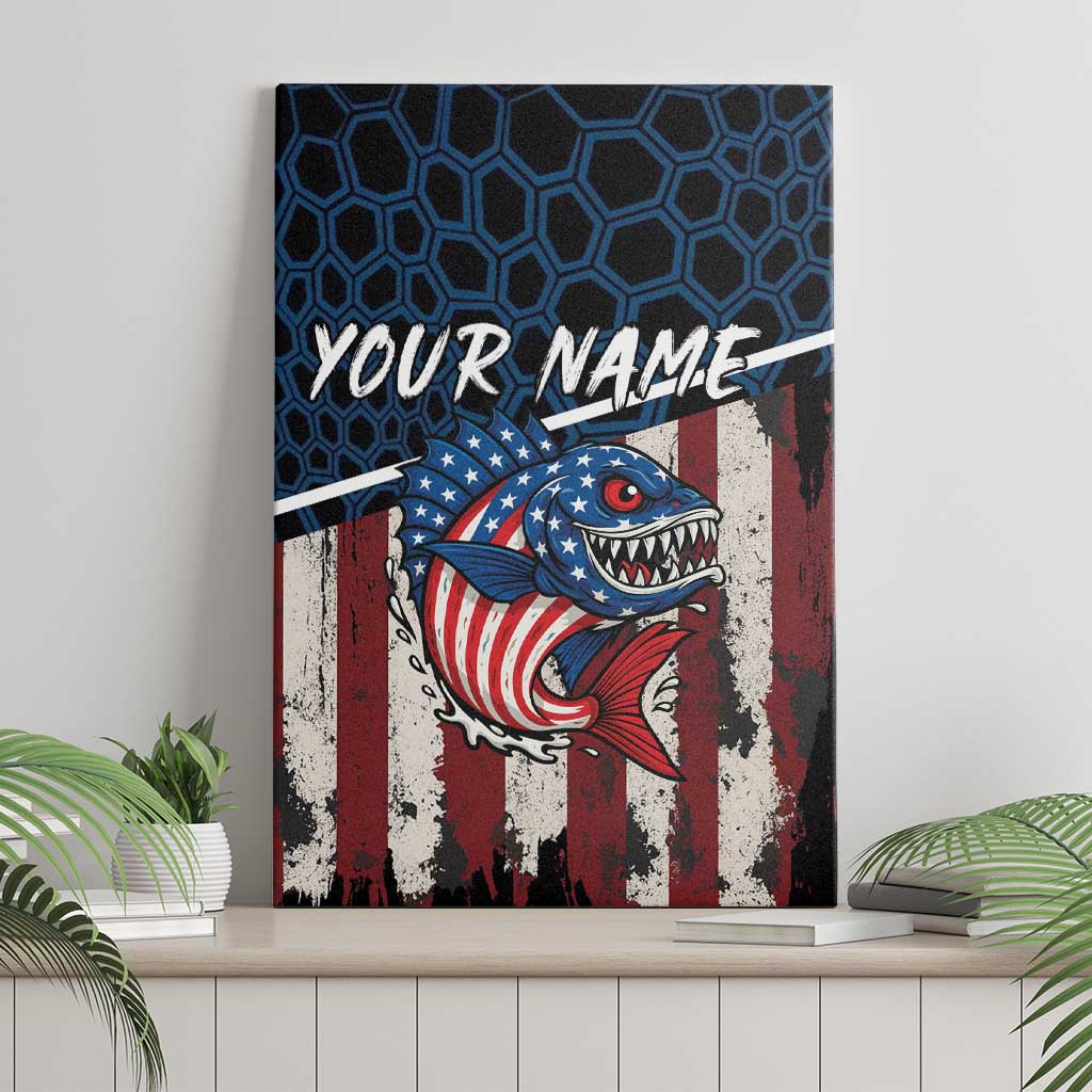Aggressive Bass Fishing Canvas Wall Art with American Flag Pattern on Grunge Hex Background - Wonder Print Shop