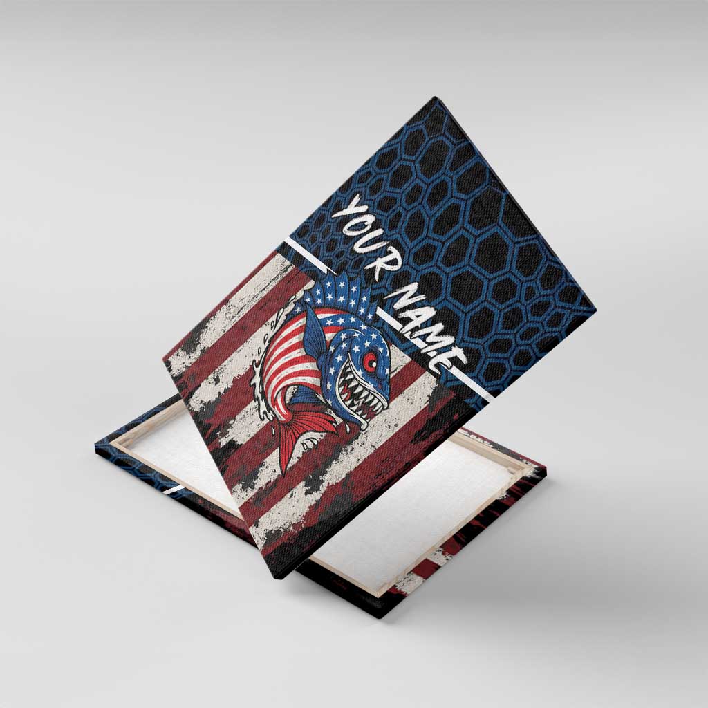 Aggressive Bass Fishing Canvas Wall Art with American Flag Pattern on Grunge Hex Background - Wonder Print Shop
