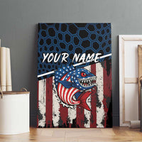 Aggressive Bass Fishing Canvas Wall Art with American Flag Pattern on Grunge Hex Background - Wonder Print Shop
