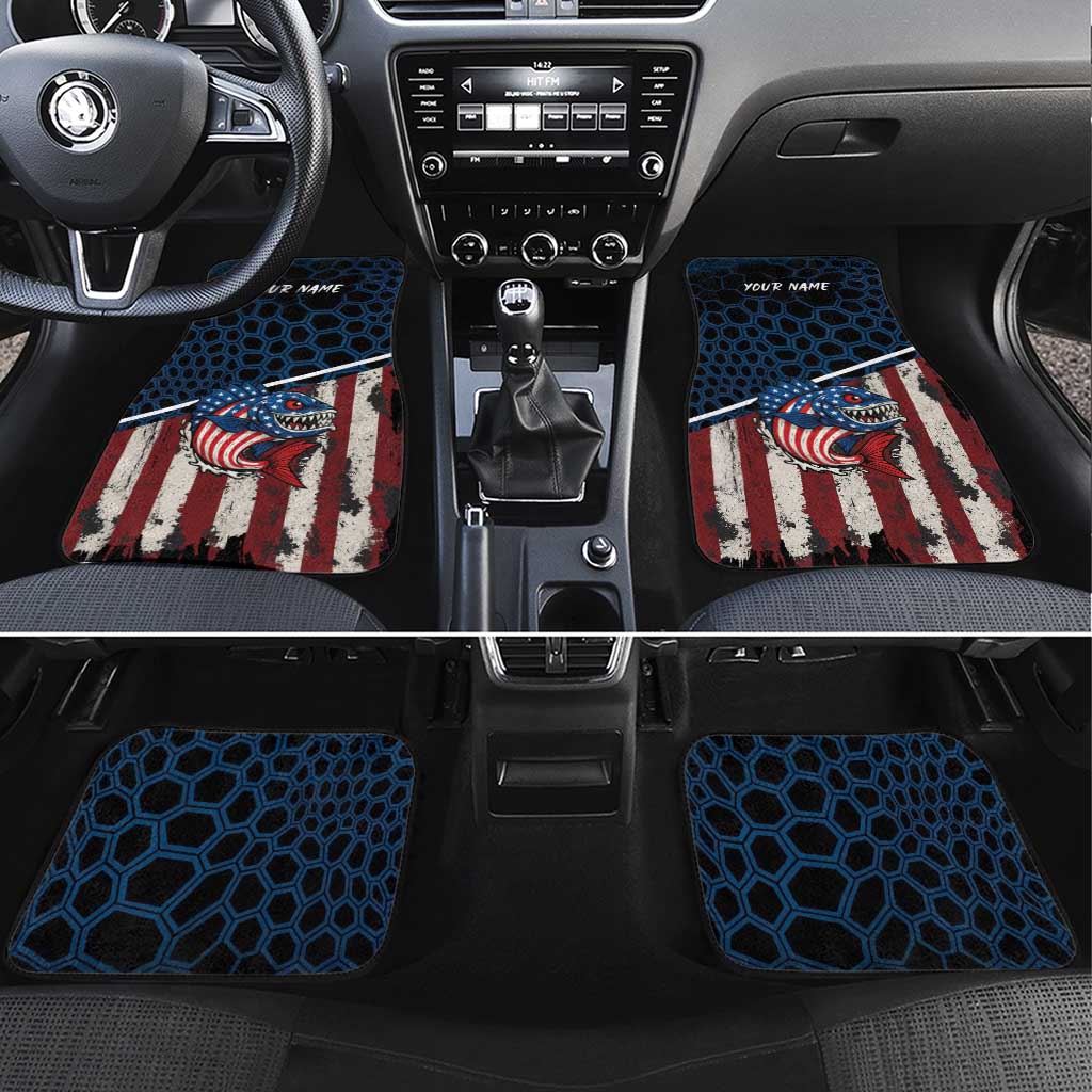 Aggressive Bass Fishing Car Mats with American Flag Pattern on Grunge Hex Background - Wonder Print Shop
